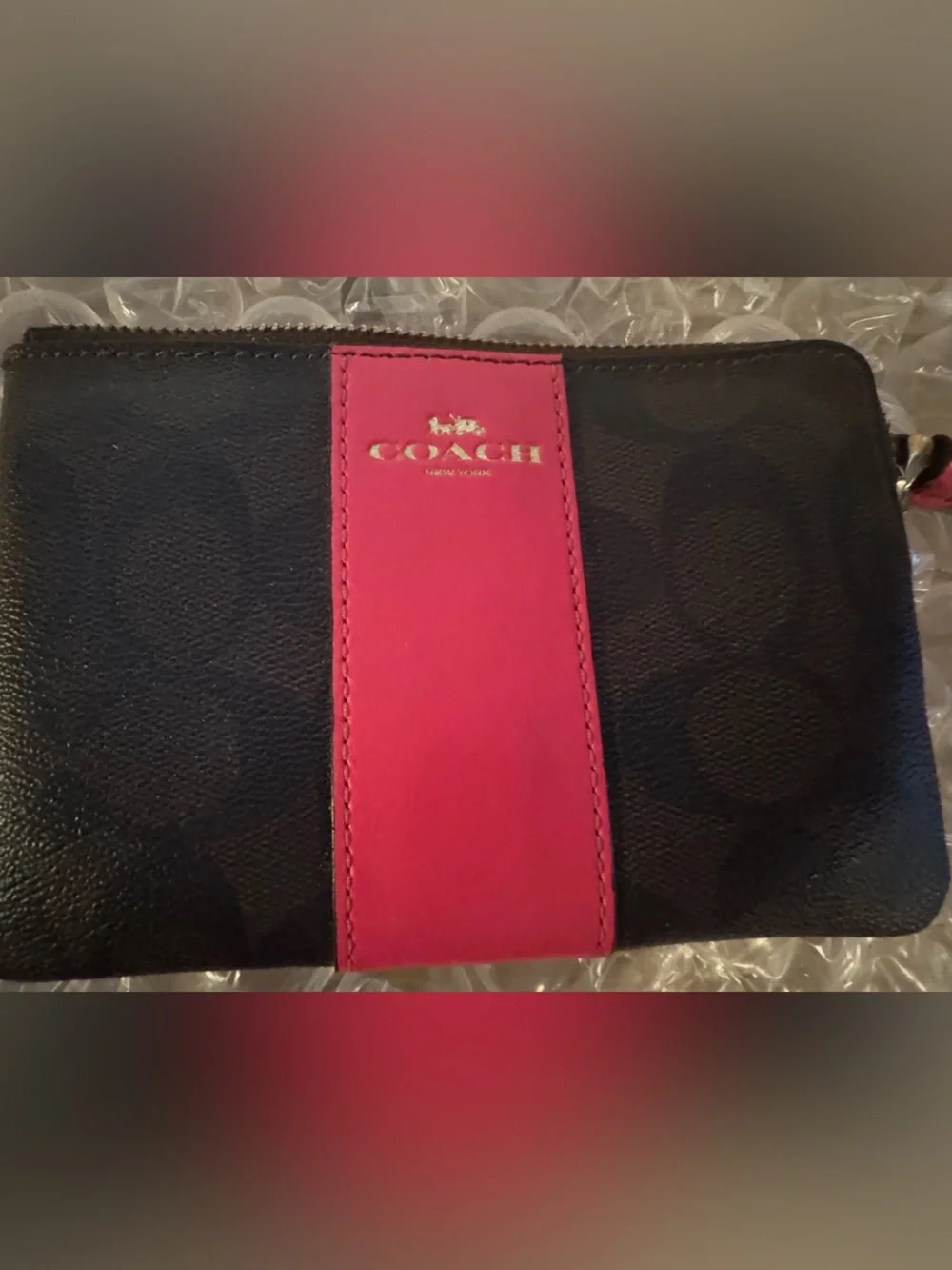 Coach Black Signature Wristlet with Pink Leather Accent